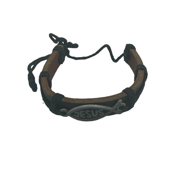 Handmade Leather Bracelet With Jesus Fish Symbol Adjustable Black Cord Unisex - Picture 1 of 4